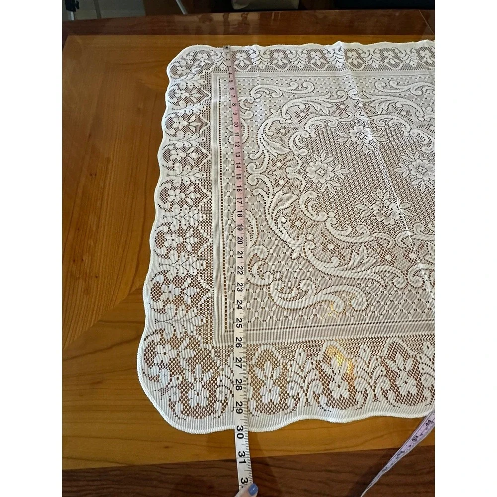 Vintage White Lace Square Table Topper Scalloped Edge Floral Medallion Set of 2